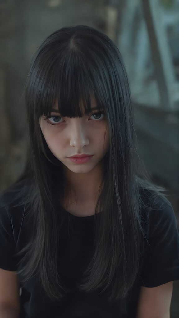 A (((vividly realistic image))) showcasing a (((fascinating young girl))), with straight, long black hair and (((black bangs))), dressed in a black t-shirt, giving off an air of (mysterious allure) that exudes confidence and strength. Her look blends seamlessly into a (modern, high-res fantasy setting).