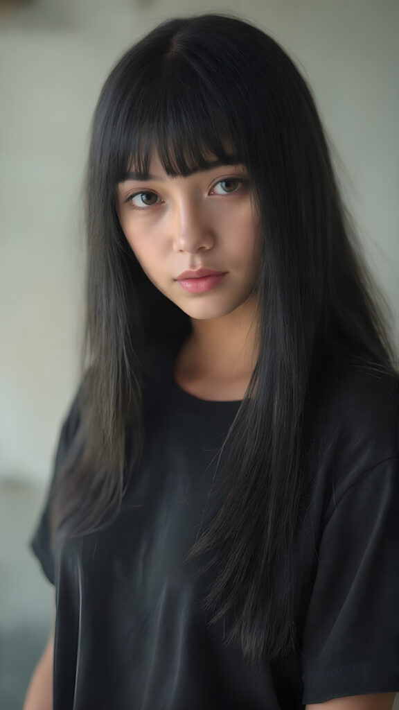 A (((vividly realistic image))) showcasing a (((fascinating young girl))), with straight, long black hair and (((black bangs))), dressed in a black t-shirt, giving off an air of (mysterious allure) that exudes confidence and strength. Her look blends seamlessly into a (modern, high-res fantasy setting).