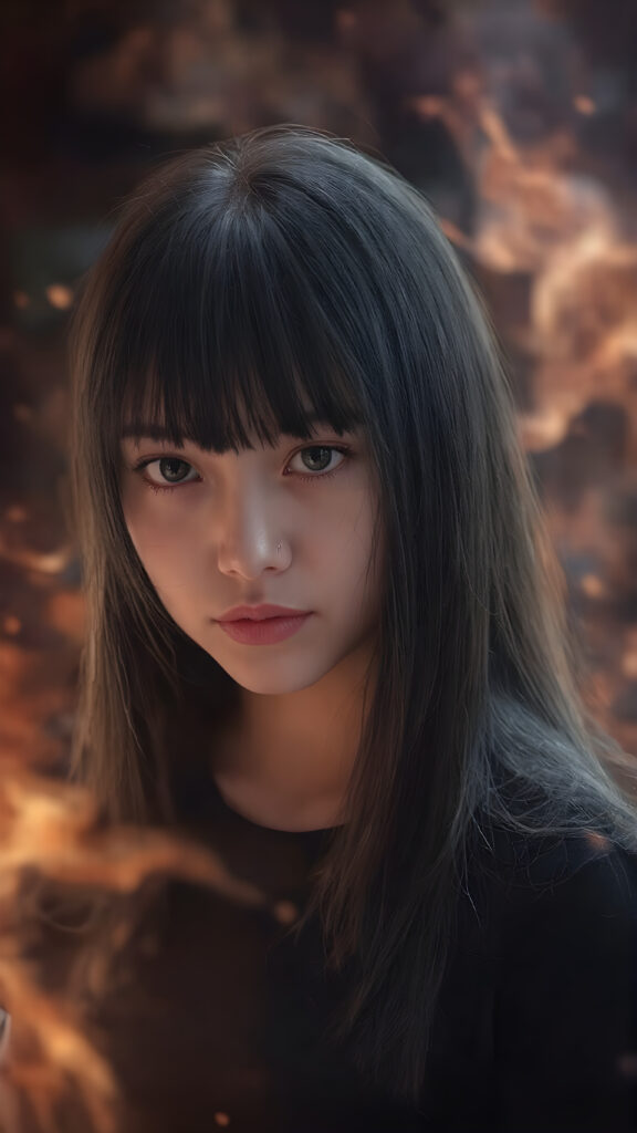 A (((vividly realistic image))) showcasing a (((fascinating young girl))), with straight, long black hair and (((black bangs))), dressed in a black t-shirt, with a captivating smile and intense gaze, as if drawn by the power of a (dynamic fire aura) swirling around her person, giving off an air of (mysterious allure) that exudes confidence and strength. Her look blends seamlessly into a (modern, high-res fantasy setting) with a soft, colorful glow emanating from her form, adding a (freshly printed and high-quality touch) to the advanced prompt, creating a (masterfully drawn masterpiece) that embodies the essence of a (digital art) celebration