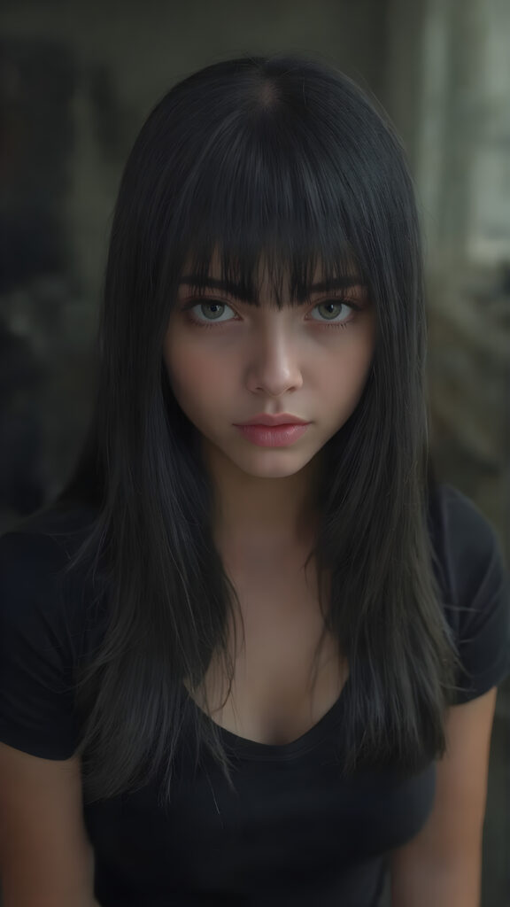 A (((vividly realistic image))) showcasing a (((fascinating young girl))), with straight, long black hair and (((black bangs))), dressed in a black t-shirt, giving off an air of (mysterious allure) that exudes confidence and strength. Her look blends seamlessly into a (modern, high-res fantasy setting).