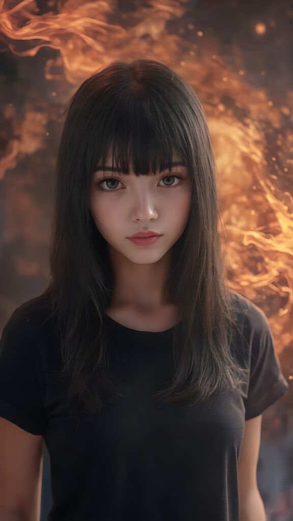 A (((vividly realistic image))) showcasing a (((fascinating young girl))), with straight, long black hair and (((black bangs))), dressed in a black t-shirt, with a captivating smile and intense gaze, as if drawn by the power of a (dynamic fire aura) swirling around her person, giving off an air of (mysterious allure) that exudes confidence and strength. Her look blends seamlessly into a (modern, high-res fantasy setting) with a soft, colorful glow emanating from her form, adding a (freshly printed and high-quality touch) to the advanced prompt, creating a (masterfully drawn masterpiece) that embodies the essence of a (digital art) celebration