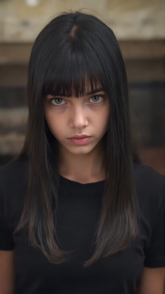 A (((vividly realistic image))) showcasing a (((fascinating young girl))), with straight, long black hair and (((black bangs))), dressed in a black t-shirt, giving off an air of (mysterious allure) that exudes confidence and strength. Her look blends seamlessly into a (modern, high-res fantasy setting).