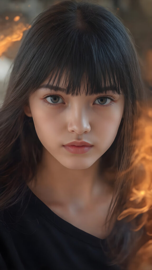 A (((vividly realistic image))) showcasing a (((fascinating young girl))), with straight, long black hair and (((black bangs))), dressed in a black t-shirt, with a captivating smile and intense gaze, as if drawn by the power of a (dynamic fire aura) swirling around her person, giving off an air of (mysterious allure) that exudes confidence and strength. Her look blends seamlessly into a (modern, high-res fantasy setting) with a soft, colorful glow emanating from her form, adding a (freshly printed and high-quality touch) to the advanced prompt, creating a (masterfully drawn masterpiece) that embodies the essence of a (digital art) celebration
