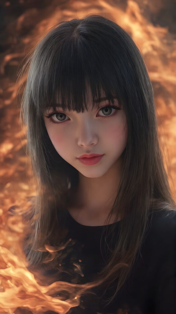 A (((vividly realistic image))) showcasing a (((fascinating young girl))), with straight, long black hair and (((black bangs))), dressed in a black t-shirt, with a captivating smile and intense gaze, as if drawn by the power of a (dynamic fire aura) swirling around her person, giving off an air of (mysterious allure) that exudes confidence and strength. Her look blends seamlessly into a (modern, high-res fantasy setting) with a soft, colorful glow emanating from her form, adding a (freshly printed and high-quality touch) to the advanced prompt, creating a (masterfully drawn masterpiece) that embodies the essence of a (digital art) celebration