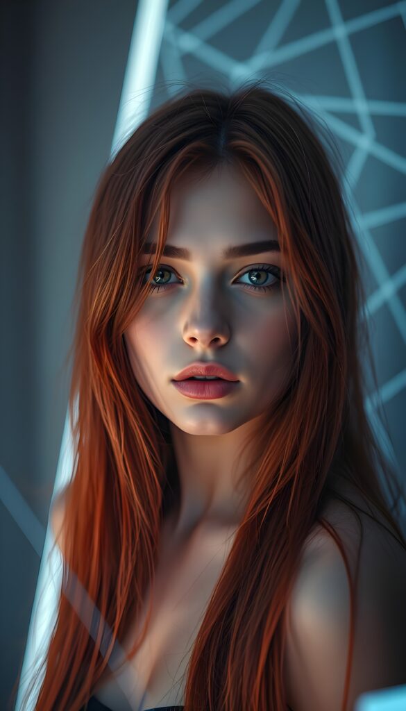 A vividly realistic, dynamic portrait of a beautiful young teen girl ((Emo girl)) with detailed, long, soft, straight red hair. She is looking intensely into the camera, with cinematic lighting accentuating her features, creating a dramatic yet serene atmosphere. The background is an ethereal blend of grey and soft neon hues, with intricate light streaks and subtle geometric abstract patterns enhancing the depth and mood of the image. Her expression is contemplative and fierce, showcasing her strong personality, and she wears subtle makeup that highlights her striking features, including a deep gaze, full lips, and delicate features.