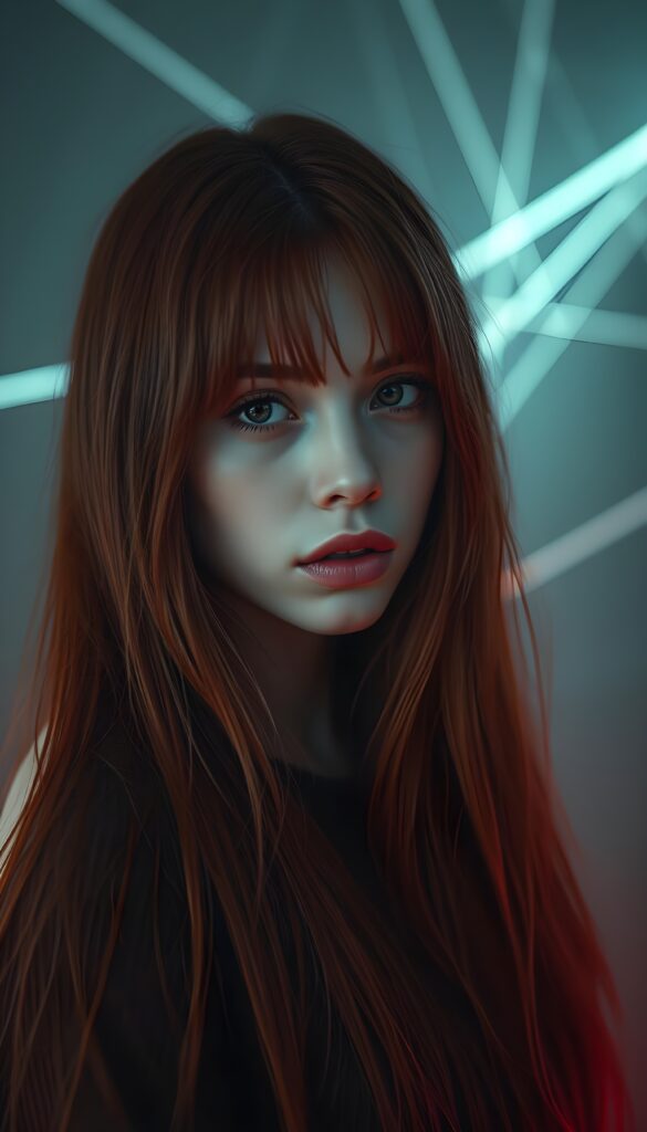 A vividly realistic, dynamic portrait of a beautiful young teen girl ((Emo girl)) with detailed, long, soft, straight red hair. She is looking intensely into the camera, with cinematic lighting accentuating her features, creating a dramatic yet serene atmosphere. The background is an ethereal blend of grey and soft neon hues, with intricate light streaks and subtle geometric abstract patterns enhancing the depth and mood of the image. Her expression is contemplative and fierce, showcasing her strong personality, and she wears subtle makeup that highlights her striking features, including a deep gaze, full lips, and delicate features.