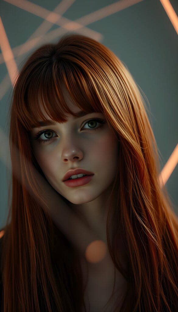 A vividly realistic, dynamic portrait of a beautiful young teen girl ((Emo girl)) with detailed, long, soft, straight red hair. She is looking intensely into the camera, with cinematic lighting accentuating her features, creating a dramatic yet serene atmosphere. The background is an ethereal blend of grey and soft neon hues, with intricate light streaks and subtle geometric abstract patterns enhancing the depth and mood of the image. Her expression is contemplative and fierce, showcasing her strong personality, and she wears subtle makeup that highlights her striking features, including a deep gaze, full lips, and delicate features.