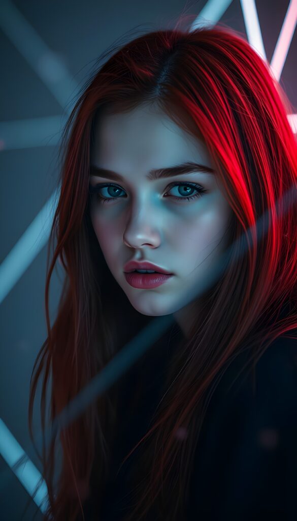 A vividly realistic, dynamic portrait of a beautiful young teen girl ((Emo girl)) with detailed, long, soft, straight red hair. She is looking intensely into the camera, with cinematic lighting accentuating her features, creating a dramatic yet serene atmosphere. The background is an ethereal blend of grey and soft neon hues, with intricate light streaks and subtle geometric abstract patterns enhancing the depth and mood of the image. Her expression is contemplative and fierce, showcasing her strong personality, and she wears subtle makeup that highlights her striking features, including a deep gaze, full lips, and delicate features.