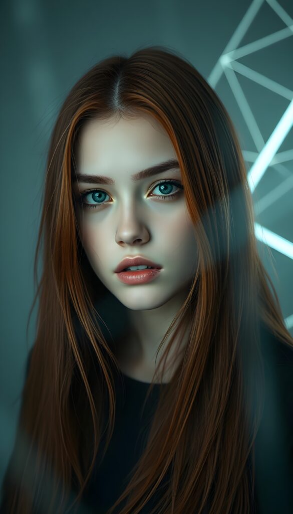 A vividly realistic, dynamic portrait of a beautiful young teen girl ((Emo girl)) with detailed, long, soft, straight red hair. She is looking intensely into the camera, with cinematic lighting accentuating her features, creating a dramatic yet serene atmosphere. The background is an ethereal blend of grey and soft neon hues, with intricate light streaks and subtle geometric abstract patterns enhancing the depth and mood of the image. Her expression is contemplative and fierce, showcasing her strong personality, and she wears subtle makeup that highlights her striking features, including a deep gaze, full lips, and delicate features.