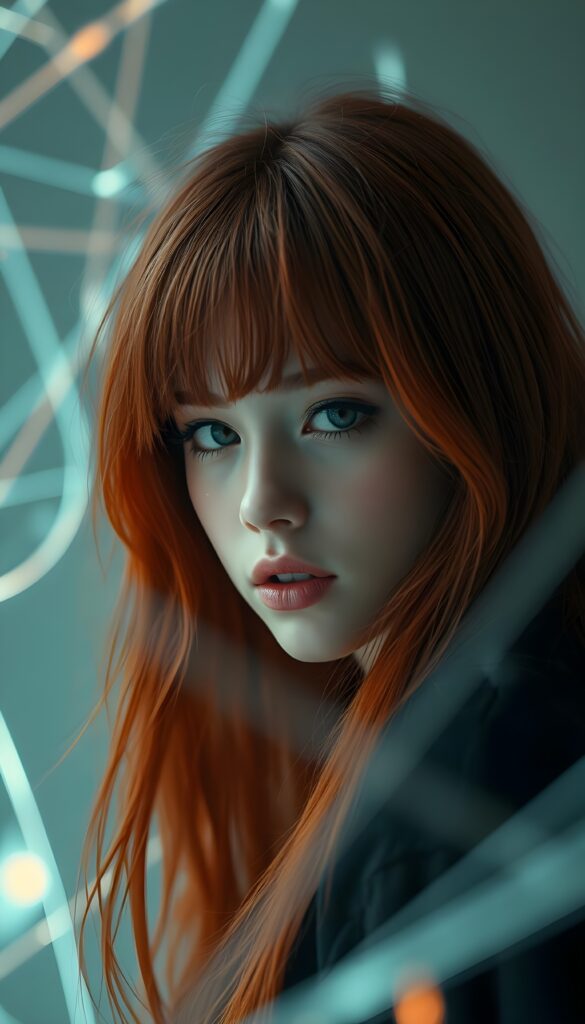 A vividly realistic, dynamic portrait of a beautiful young teen girl ((Emo girl)) with detailed, long, soft, straight red hair. She is looking intensely into the camera, with cinematic lighting accentuating her features, creating a dramatic yet serene atmosphere. The background is an ethereal blend of grey and soft neon hues, with intricate light streaks and subtle geometric abstract patterns enhancing the depth and mood of the image. Her expression is contemplative and fierce, showcasing her strong personality, and she wears subtle makeup that highlights her striking features, including a deep gaze, full lips, and delicate features.