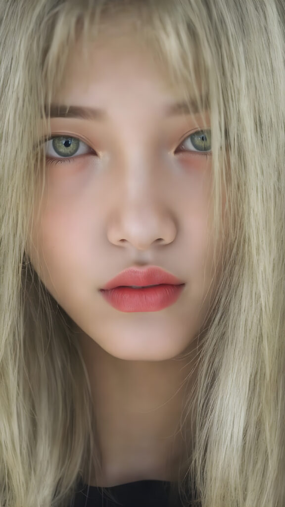 A (((vividly upper body shot))) of a (((beautiful young Japanese girl))), with (((radiant green emerald eyes))), ((perfectly straight long blond and black hair)) framing her face as she sends a playful (((kiss))) to a viewer, her (((full plump lips))), white teeth, (((black eyebrows that frame her face beautifully))). Her (((lips are full and painted in (red lipstick)), oozing elegance and allure, captivating every viewer with her gaze. The scene exudes a (soft, seductive aura) that complements her overall (angelic presence).