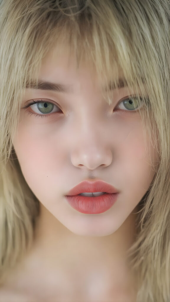 A (((vividly upper body shot))) of a (((beautiful young Japanese girl))), with (((radiant green emerald eyes))), ((perfectly straight long blond and black hair)) framing her face as she sends a playful (((kiss))) to a viewer, her (((full plump lips))), white teeth, (((black eyebrows that frame her face beautifully))). Her (((lips are full and painted in (red lipstick)), oozing elegance and allure, captivating every viewer with her gaze. The scene exudes a (soft, seductive aura) that complements her overall (angelic presence).