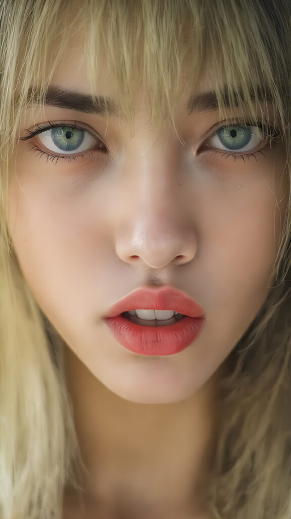 A (((vividly upper body shot))) of a (((beautiful young Japanese girl))), with (((radiant green emerald eyes))), ((perfectly straight long blond and black hair)) framing her face as she sends a playful (((kiss))) to a viewer, her (((full plump lips))), white teeth, (((black eyebrows that frame her face beautifully))). Her (((lips are full and painted in (red lipstick)), oozing elegance and allure, captivating every viewer with her gaze. The scene exudes a (soft, seductive aura) that complements her overall (angelic presence).