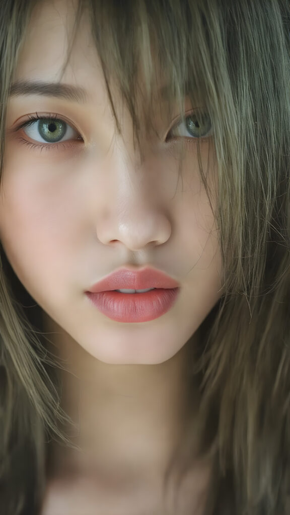 A (((vividly upper body shot))) of a (((beautiful young Japanese girl))), with (((radiant green emerald eyes))), ((perfectly straight long blond and black hair)) framing her face as she sends a playful (((kiss))) to a viewer, her (((full plump lips))), white teeth, (((black eyebrows that frame her face beautifully))). Her (((lips are full and painted in (red lipstick)), oozing elegance and allure, captivating every viewer with her gaze. The scene exudes a (soft, seductive aura) that complements her overall (angelic presence).