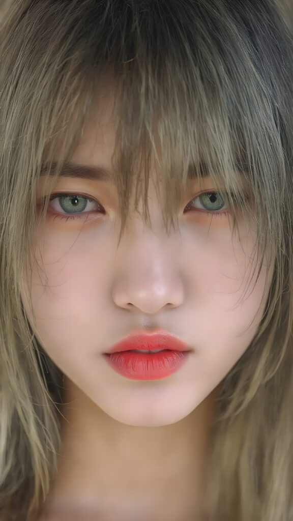 A (((vividly upper body shot))) of a (((beautiful young Japanese girl))), with (((radiant green emerald eyes))), ((perfectly straight long blond and black hair)) framing her face as she sends a playful (((kiss))) to a viewer, her (((full plump lips))), white teeth, (((black eyebrows that frame her face beautifully))). Her (((lips are full and painted in (red lipstick)), oozing elegance and allure, captivating every viewer with her gaze. The scene exudes a (soft, seductive aura) that complements her overall (angelic presence).