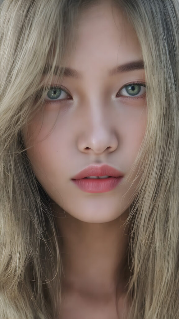 A (((vividly upper body shot))) of a (((beautiful young Japanese girl))), with (((radiant green emerald eyes))), ((perfectly straight long blond and black hair)) framing her face as she sends a playful (((kiss))) to a viewer, her (((full plump lips))), white teeth, (((black eyebrows that frame her face beautifully))). Her (((lips are full and painted in (red lipstick)), oozing elegance and allure, captivating every viewer with her gaze. The scene exudes a (soft, seductive aura) that complements her overall (angelic presence).