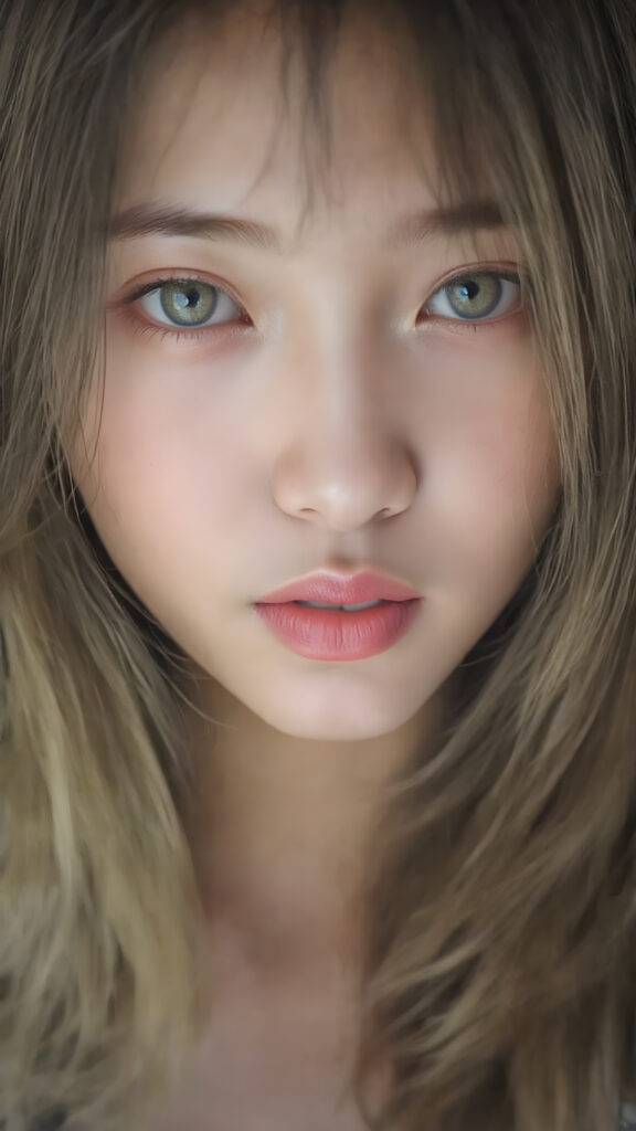 A (((vividly upper body shot))) of a (((beautiful young Japanese girl))), with (((radiant green emerald eyes))), ((perfectly straight long blond and black hair)) framing her face as she sends a playful (((kiss))) to a viewer, her (((full plump lips))), white teeth, (((black eyebrows that frame her face beautifully))). Her (((lips are full and painted in (red lipstick)), oozing elegance and allure, captivating every viewer with her gaze. The scene exudes a (soft, seductive aura) that complements her overall (angelic presence).
