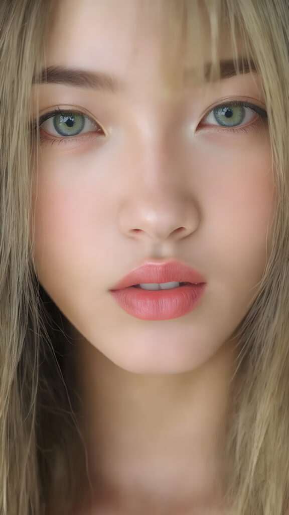 A (((vividly upper body shot))) of a (((beautiful young Japanese girl))), with (((radiant green emerald eyes))), ((perfectly straight long blond and black hair)) framing her face as she sends a playful (((kiss))) to a viewer, her (((full plump lips))), white teeth, (((black eyebrows that frame her face beautifully))). Her (((lips are full and painted in (red lipstick)), oozing elegance and allure, captivating every viewer with her gaze. The scene exudes a (soft, seductive aura) that complements her overall (angelic presence).