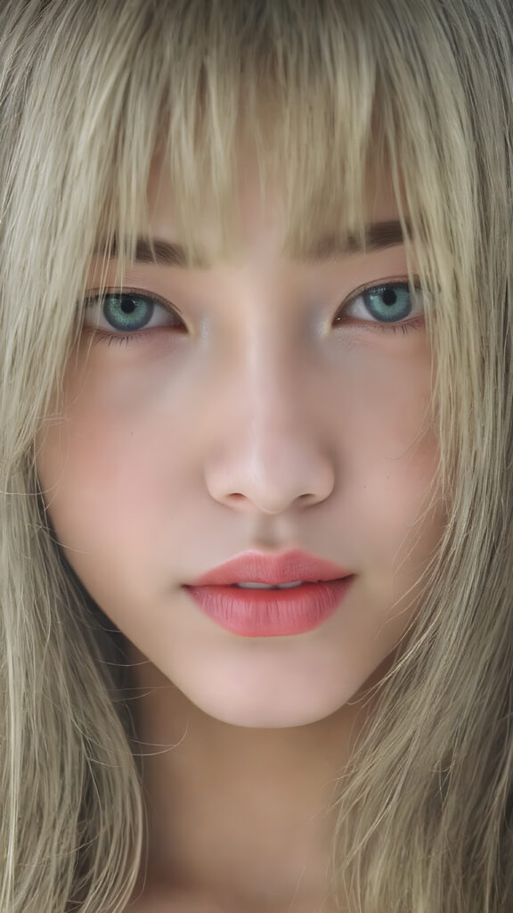 A (((vividly upper body shot))) of a (((beautiful young Japanese girl))), with (((radiant green emerald eyes))), ((perfectly straight long blond and black hair)) framing her face as she sends a playful (((kiss))) to a viewer, her (((full plump lips))), white teeth, (((black eyebrows that frame her face beautifully))). Her (((lips are full and painted in (red lipstick)), oozing elegance and allure, captivating every viewer with her gaze. The scene exudes a (soft, seductive aura) that complements her overall (angelic presence).