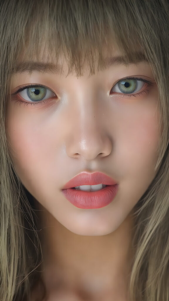 A (((vividly upper body shot))) of a (((beautiful young Japanese girl))), with (((radiant green emerald eyes))), ((perfectly straight long blond and black hair)) framing her face as she sends a playful (((kiss))) to a viewer, her (((full plump lips))), white teeth, (((black eyebrows that frame her face beautifully))). Her (((lips are full and painted in (red lipstick)), oozing elegance and allure, captivating every viewer with her gaze. The scene exudes a (soft, seductive aura) that complements her overall (angelic presence).