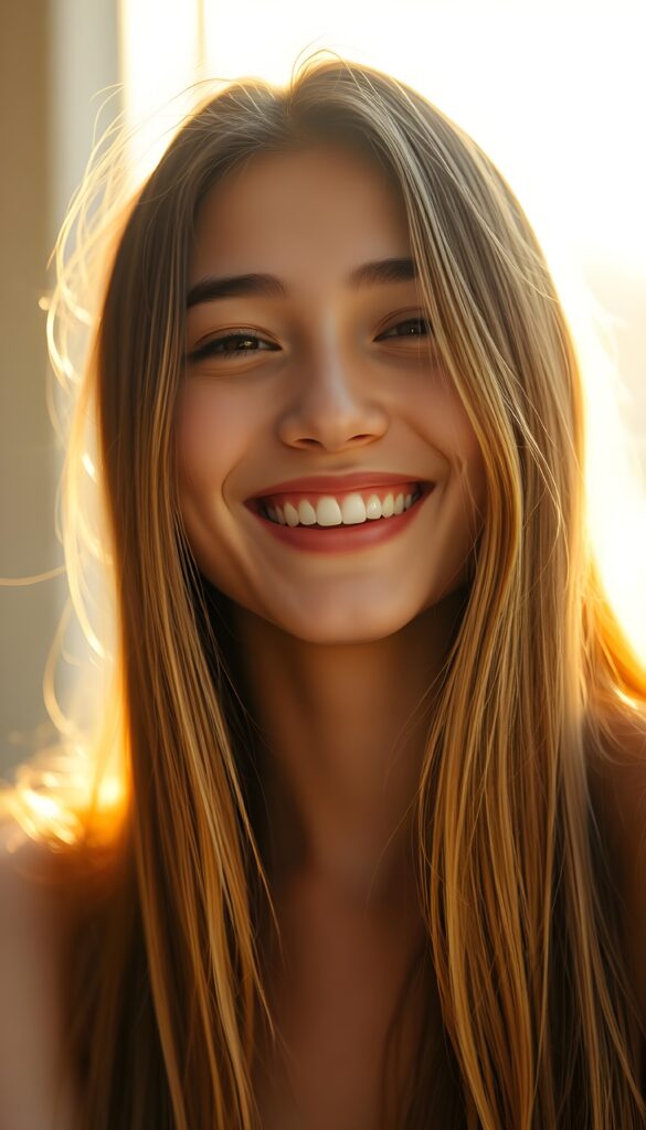 A warm, joyful portrait of a happy girl with long straight hair, smiling brightly and radiating pure joy. Her expression is full of genuine happiness, eyes sparkling with delight, and her smile feels warm and inviting. Soft golden-daylight lighting, clean and fresh color palette with gentle high-key tones, soft natural glow around her hair, and a subtle dreamy atmosphere that makes the entire image feel uplifting and happy. Background: softly blurred, light neutral or pastel tones to keep focus on her radiant expression. Style: photorealistic, high detail, gentle bokeh, candid and heartfelt, evoking a strong sense of happiness and positivity.