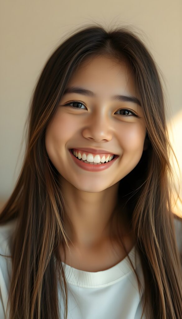 A warm, joyful portrait of a happy girl with long straight hair, smiling brightly and radiating pure joy. Her expression is full of genuine happiness, eyes sparkling with delight, and her smile feels warm and inviting. Soft golden-daylight lighting, clean and fresh color palette with gentle high-key tones, soft natural glow around her hair, and a subtle dreamy atmosphere that makes the entire image feel uplifting and happy. Background: softly blurred, light neutral or pastel tones to keep focus on her radiant expression. Style: photorealistic, high detail, gentle bokeh, candid and heartfelt, evoking a strong sense of happiness and positivity.