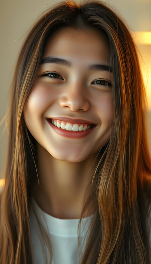 A warm, joyful portrait of a happy girl with long straight hair, smiling brightly and radiating pure joy. Her expression is full of genuine happiness, eyes sparkling with delight, and her smile feels warm and inviting. Soft golden-daylight lighting, clean and fresh color palette with gentle high-key tones, soft natural glow around her hair, and a subtle dreamy atmosphere that makes the entire image feel uplifting and happy. Background: softly blurred, light neutral or pastel tones to keep focus on her radiant expression. Style: photorealistic, high detail, gentle bokeh, candid and heartfelt, evoking a strong sense of happiness and positivity.