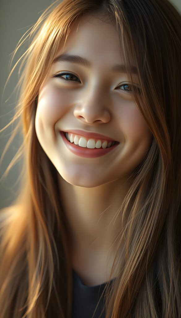 A warm, joyful portrait of a happy girl with long straight hair, smiling brightly and radiating pure joy. Her expression is full of genuine happiness, eyes sparkling with delight, and her smile feels warm and inviting. Soft golden-daylight lighting, clean and fresh color palette with gentle high-key tones, soft natural glow around her hair, and a subtle dreamy atmosphere that makes the entire image feel uplifting and happy. Background: softly blurred, light neutral or pastel tones to keep focus on her radiant expression. Style: photorealistic, high detail, gentle bokeh, candid and heartfelt, evoking a strong sense of happiness and positivity.