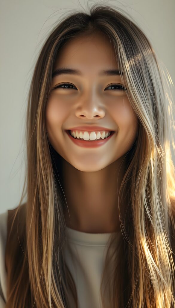 A warm, joyful portrait of a happy girl with long straight hair, smiling brightly and radiating pure joy. Her expression is full of genuine happiness, eyes sparkling with delight, and her smile feels warm and inviting. Soft golden-daylight lighting, clean and fresh color palette with gentle high-key tones, soft natural glow around her hair, and a subtle dreamy atmosphere that makes the entire image feel uplifting and happy. Background: softly blurred, light neutral or pastel tones to keep focus on her radiant expression. Style: photorealistic, high detail, gentle bokeh, candid and heartfelt, evoking a strong sense of happiness and positivity.