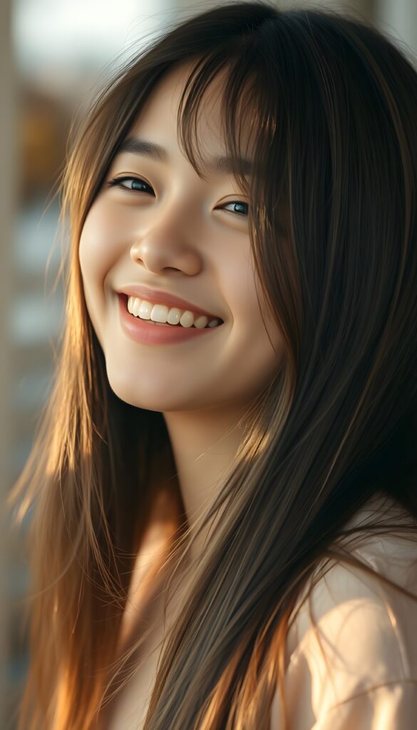 A warm, joyful portrait of a happy girl with long straight hair, smiling brightly and radiating pure joy. Her expression is full of genuine happiness, eyes sparkling with delight, and her smile feels warm and inviting. Soft golden-daylight lighting, clean and fresh color palette with gentle high-key tones, soft natural glow around her hair, and a subtle dreamy atmosphere that makes the entire image feel uplifting and happy. Background: softly blurred, light neutral or pastel tones to keep focus on her radiant expression. Style: photorealistic, high detail, gentle bokeh, candid and heartfelt, evoking a strong sense of happiness and positivity.