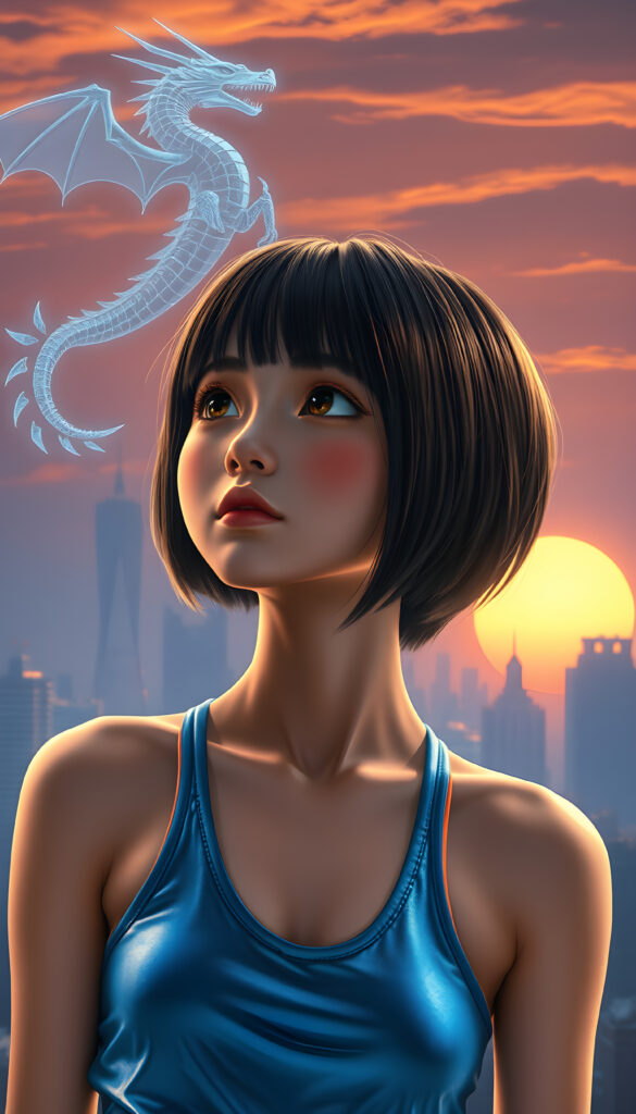 A whimsical, cyberpunk-inspired scene featuring a young Asian girl with short, straight, light brown and black hair, styled in a stylish bob cut, wearing a sleek metallic blue tank top with neon accents. Her full lips are slightly parted in awe as she gazes at a holographic dragon soaring above a futuristic cityscape. The setting sun casts a warm, golden light, creating a striking contrast against the cool tones of the environment. The girl's round eyes reflect the vibrant colors around her, emphasizing the dynamic blend of technology and nature in this imaginative world.