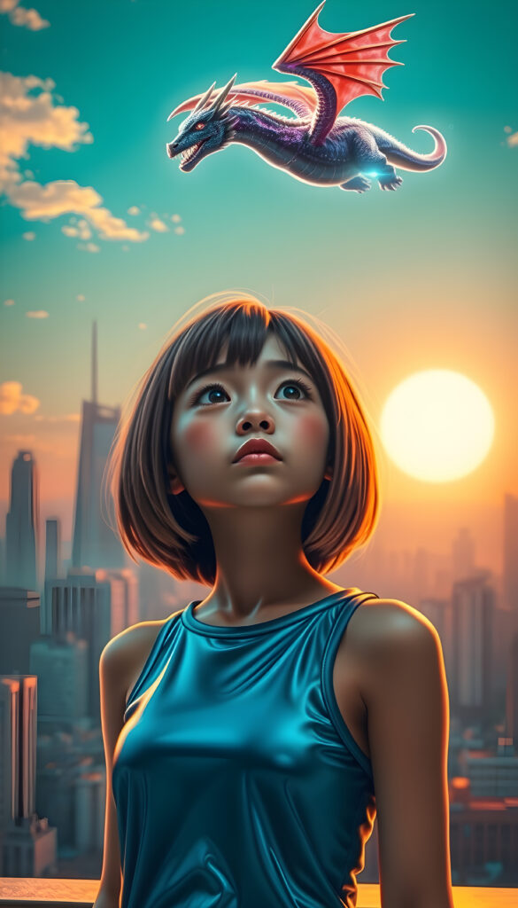 A whimsical, cyberpunk-inspired scene featuring a young Asian girl with short, straight, light brown and black hair, styled in a stylish bob cut, wearing a sleek metallic blue tank top with neon accents. Her full lips are slightly parted in awe as she gazes at a holographic dragon soaring above a futuristic cityscape. The setting sun casts a warm, golden light, creating a striking contrast against the cool tones of the environment. The girl's round eyes reflect the vibrant colors around her, emphasizing the dynamic blend of technology and nature in this imaginative world.