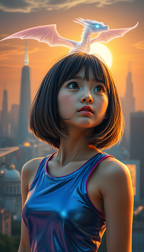 A whimsical, cyberpunk-inspired scene featuring a young Asian girl with short, straight, light brown and black hair, styled in a stylish bob cut, wearing a sleek metallic blue tank top with neon accents. Her full lips are slightly parted in awe as she gazes at a holographic dragon soaring above a futuristic cityscape. The setting sun casts a warm, golden light, creating a striking contrast against the cool tones of the environment. The girl's round eyes reflect the vibrant colors around her, emphasizing the dynamic blend of technology and nature in this imaginative world.