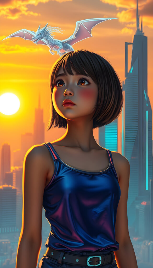 A whimsical, cyberpunk-inspired scene featuring a young Asian girl with short, straight, light brown and black hair, styled in a stylish bob cut, wearing a sleek metallic blue tank top with neon accents. Her full lips are slightly parted in awe as she gazes at a holographic dragon soaring above a futuristic cityscape. The setting sun casts a warm, golden light, creating a striking contrast against the cool tones of the environment. The girl's round eyes reflect the vibrant colors around her, emphasizing the dynamic blend of technology and nature in this imaginative world.