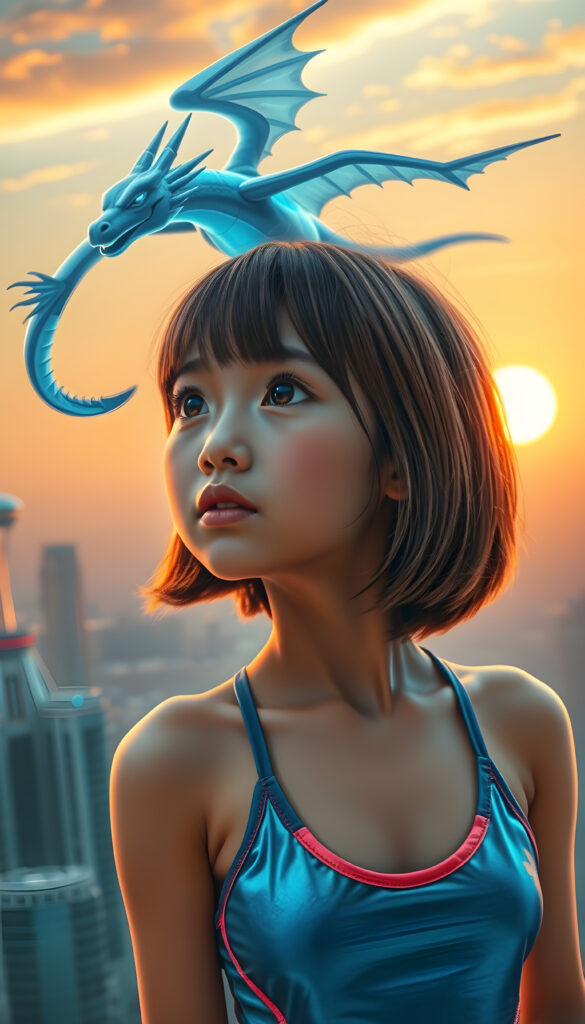 A whimsical, cyberpunk-inspired scene featuring a young Asian girl with short, straight, light brown and black hair, styled in a stylish bob cut, wearing a sleek metallic blue tank top with neon accents. Her full lips are slightly parted in awe as she gazes at a holographic dragon soaring above a futuristic cityscape. The setting sun casts a warm, golden light, creating a striking contrast against the cool tones of the environment. The girl's round eyes reflect the vibrant colors around her, emphasizing the dynamic blend of technology and nature in this imaginative world.