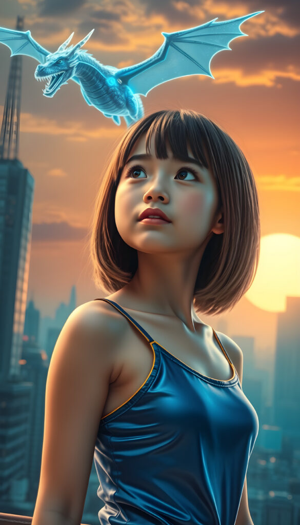 A whimsical, cyberpunk-inspired scene featuring a young Asian girl with short, straight, light brown and black hair, styled in a stylish bob cut, wearing a sleek metallic blue tank top with neon accents. Her full lips are slightly parted in awe as she gazes at a holographic dragon soaring above a futuristic cityscape. The setting sun casts a warm, golden light, creating a striking contrast against the cool tones of the environment. The girl's round eyes reflect the vibrant colors around her, emphasizing the dynamic blend of technology and nature in this imaginative world.