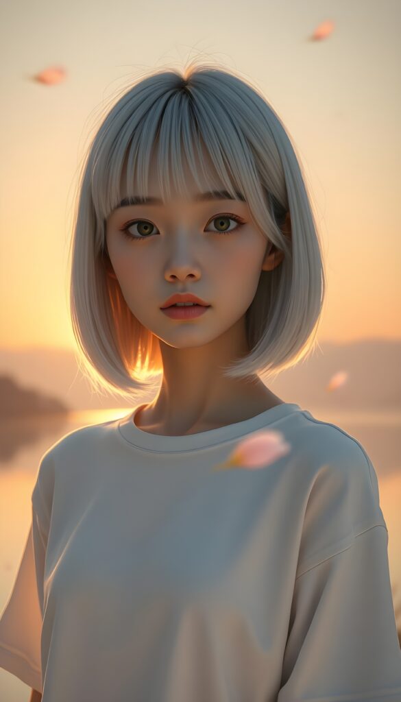 A whimsical, dreamlike scene of a 3D animation featuring a young Asian girl with platinum blonde straight soft open jet hair in a perfect shoulder-length bob cut, bangs frame her perfect round face and her hair covers her ears, her expressive brown eyes brimming with melancholy. She wears a cozy white t-shirt that accentuates her gentle curves, standing pensively against a soft, minimalist grey backdrop. The scene is illuminated by a warm, golden sunset, casting a gentle glow that enhances her serene beauty. Delicate cherry blossom petals float around her, adding a touch of ethereal charm. In the background, a serene lake reflects the sky, with distant mountains shrouded in a soft, hazy mist. The composition is bathed in a warm, nostalgic filter, evoking a sense of quiet contemplation and delicate beauty. Front view.