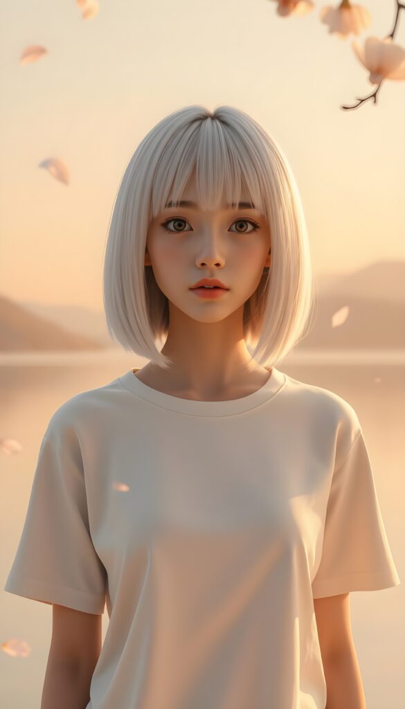 A whimsical, dreamlike scene of a 3D animation featuring a young Asian girl with platinum blonde straight soft open jet hair in a perfect shoulder-length bob cut, bangs frame her perfect round face and her hair covers her ears, her expressive brown eyes brimming with melancholy. She wears a cozy white t-shirt that accentuates her gentle curves, standing pensively against a soft, minimalist grey backdrop. The scene is illuminated by a warm, golden sunset, casting a gentle glow that enhances her serene beauty. Delicate cherry blossom petals float around her, adding a touch of ethereal charm. In the background, a serene lake reflects the sky, with distant mountains shrouded in a soft, hazy mist. The composition is bathed in a warm, nostalgic filter, evoking a sense of quiet contemplation and delicate beauty. Front view.