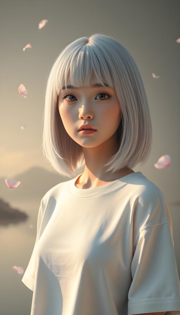 A whimsical, dreamlike scene of a 3D animation featuring a young Asian girl with platinum blonde straight soft open jet hair in a perfect shoulder-length bob cut, bangs frame her perfect round face and her hair covers her ears, her expressive brown eyes brimming with melancholy. She wears a cozy white t-shirt that accentuates her gentle curves, standing pensively against a soft, minimalist grey backdrop. The scene is illuminated by a warm, golden sunset, casting a gentle glow that enhances her serene beauty. Delicate cherry blossom petals float around her, adding a touch of ethereal charm. In the background, a serene lake reflects the sky, with distant mountains shrouded in a soft, hazy mist. The composition is bathed in a warm, nostalgic filter, evoking a sense of quiet contemplation and delicate beauty. Front view.