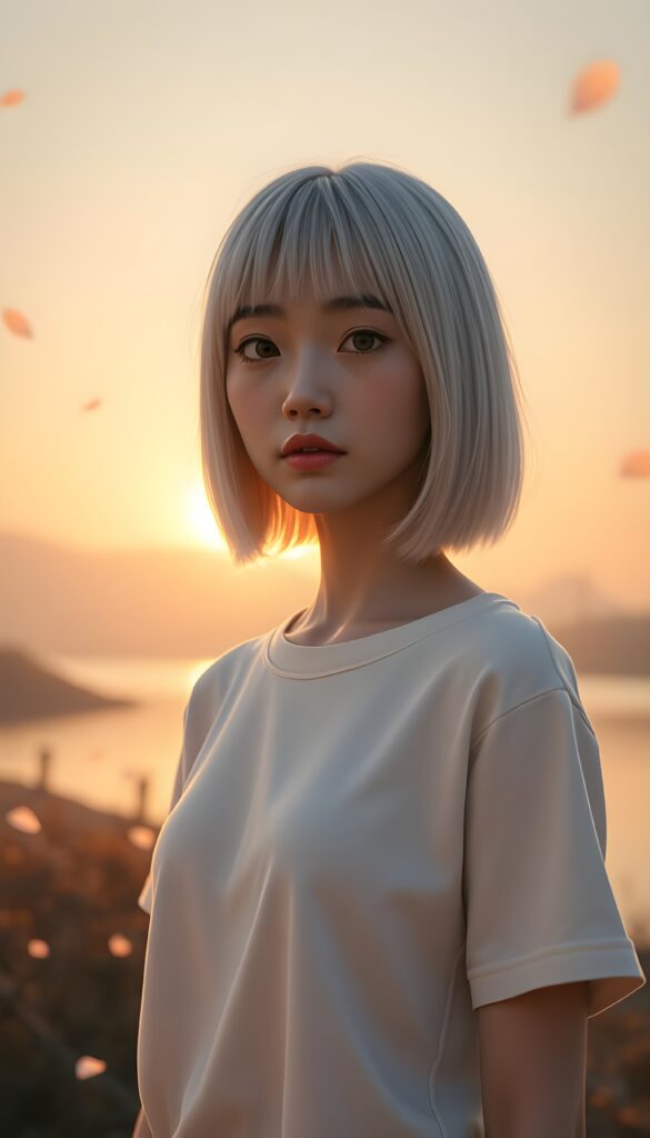 A whimsical, dreamlike scene of a 3D animation featuring a young Asian girl with platinum blonde straight soft open jet hair in a perfect shoulder-length bob cut, bangs frame her perfect round face and her hair covers her ears, her expressive brown eyes brimming with melancholy. She wears a cozy white t-shirt that accentuates her gentle curves, standing pensively against a soft, minimalist grey backdrop. The scene is illuminated by a warm, golden sunset, casting a gentle glow that enhances her serene beauty. Delicate cherry blossom petals float around her, adding a touch of ethereal charm. In the background, a serene lake reflects the sky, with distant mountains shrouded in a soft, hazy mist. The composition is bathed in a warm, nostalgic filter, evoking a sense of quiet contemplation and delicate beauty. Front view.