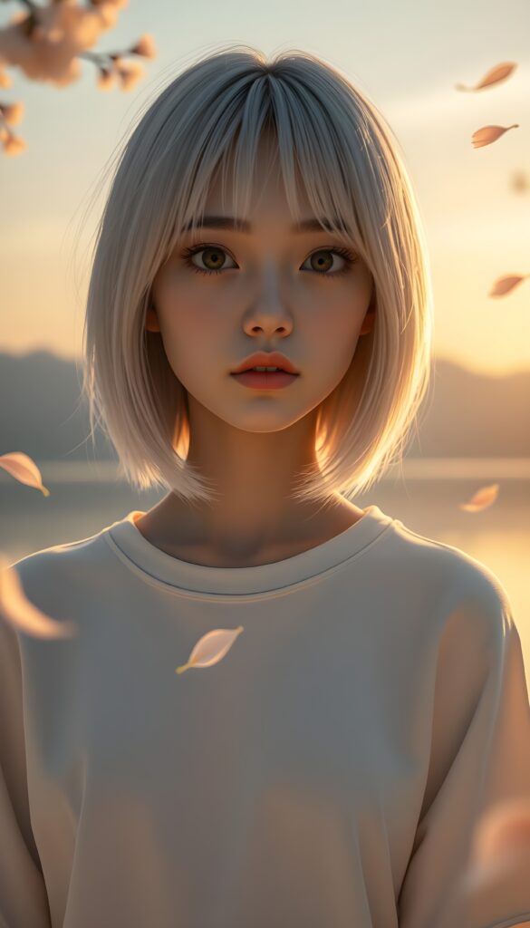 A whimsical, dreamlike scene of a 3D animation featuring a young Asian girl with platinum blonde straight soft open jet hair in a perfect shoulder-length bob cut, bangs frame her perfect round face and her hair covers her ears, her expressive brown eyes brimming with melancholy. She wears a cozy white t-shirt that accentuates her gentle curves, standing pensively against a soft, minimalist grey backdrop. The scene is illuminated by a warm, golden sunset, casting a gentle glow that enhances her serene beauty. Delicate cherry blossom petals float around her, adding a touch of ethereal charm. In the background, a serene lake reflects the sky, with distant mountains shrouded in a soft, hazy mist. The composition is bathed in a warm, nostalgic filter, evoking a sense of quiet contemplation and delicate beauty. Front view.