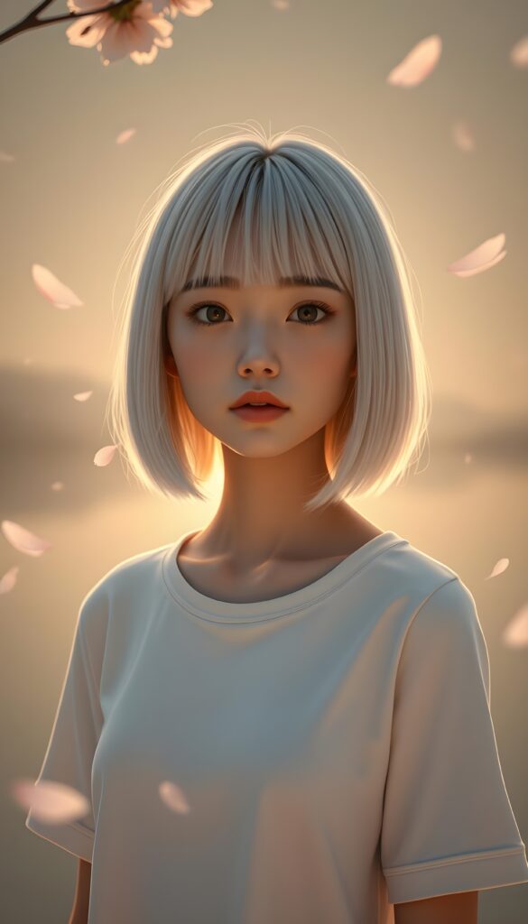 A whimsical, dreamlike scene of a 3D animation featuring a young Asian girl with platinum blonde straight soft open jet hair in a perfect shoulder-length bob cut, bangs frame her perfect round face and her hair covers her ears, her expressive brown eyes brimming with melancholy. She wears a cozy white t-shirt that accentuates her gentle curves, standing pensively against a soft, minimalist grey backdrop. The scene is illuminated by a warm, golden sunset, casting a gentle glow that enhances her serene beauty. Delicate cherry blossom petals float around her, adding a touch of ethereal charm. In the background, a serene lake reflects the sky, with distant mountains shrouded in a soft, hazy mist. The composition is bathed in a warm, nostalgic filter, evoking a sense of quiet contemplation and delicate beauty. Front view.