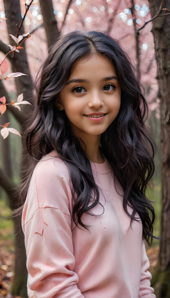 A whimsical forest scene with a vibrant, magical tree with glowing leaves in the background, featuring a young, playful girl with long, wavy jet-black hair and a friendly smile, wearing a pastel pink sweater. Her eyes sparkle with curiosity as she looks directly at the viewer, with soft, ethereal lighting creating a mystical ambiance around her.