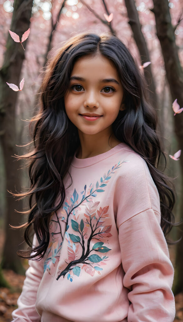 A whimsical forest scene with a vibrant, magical tree with glowing leaves in the background, featuring a young, playful girl with long, wavy jet-black hair and a friendly smile, wearing a pastel pink sweater. Her eyes sparkle with curiosity as she looks directly at the viewer, with soft, ethereal lighting creating a mystical ambiance around her.