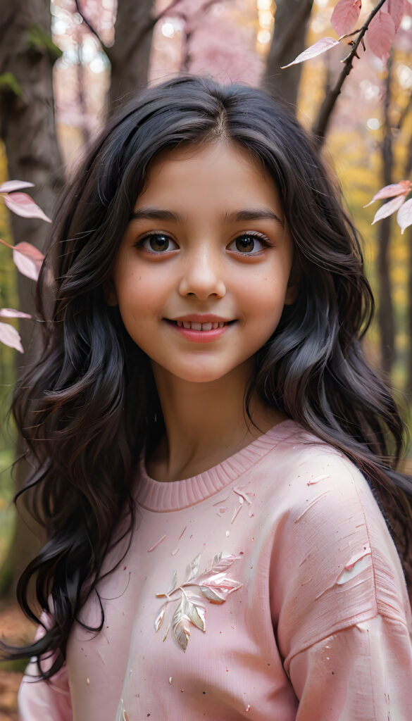 A whimsical forest scene with a vibrant, magical tree with glowing leaves in the background, featuring a young, playful girl with long, wavy jet-black hair and a friendly smile, wearing a pastel pink sweater. Her eyes sparkle with curiosity as she looks directly at the viewer, with soft, ethereal lighting creating a mystical ambiance around her.