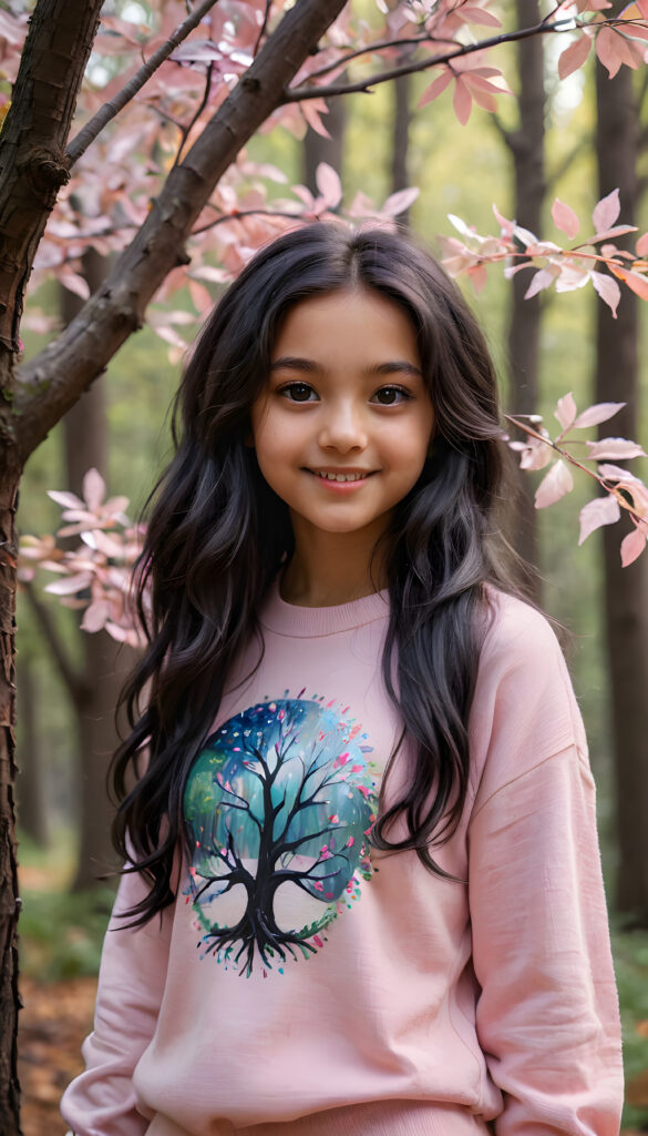 A whimsical forest scene with a vibrant, magical tree with glowing leaves in the background, featuring a young, playful girl with long, wavy jet-black hair and a friendly smile, wearing a pastel pink sweater. Her eyes sparkle with curiosity as she looks directly at the viewer, with soft, ethereal lighting creating a mystical ambiance around her.