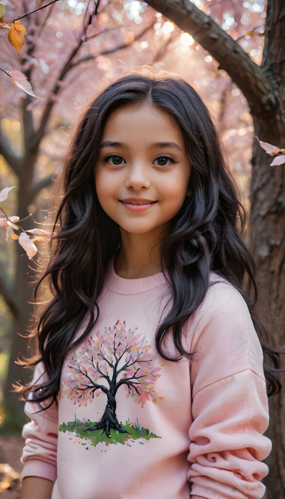 A whimsical forest scene with a vibrant, magical tree with glowing leaves in the background, featuring a young, playful girl with long, wavy jet-black hair and a friendly smile, wearing a pastel pink sweater. Her eyes sparkle with curiosity as she looks directly at the viewer, with soft, ethereal lighting creating a mystical ambiance around her.