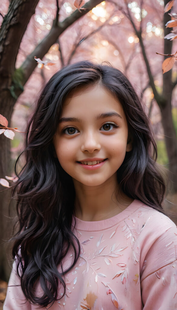 A whimsical forest scene with a vibrant, magical tree with glowing leaves in the background, featuring a young, playful girl with long, wavy jet-black hair and a friendly smile, wearing a pastel pink sweater. Her eyes sparkle with curiosity as she looks directly at the viewer, with soft, ethereal lighting creating a mystical ambiance around her.