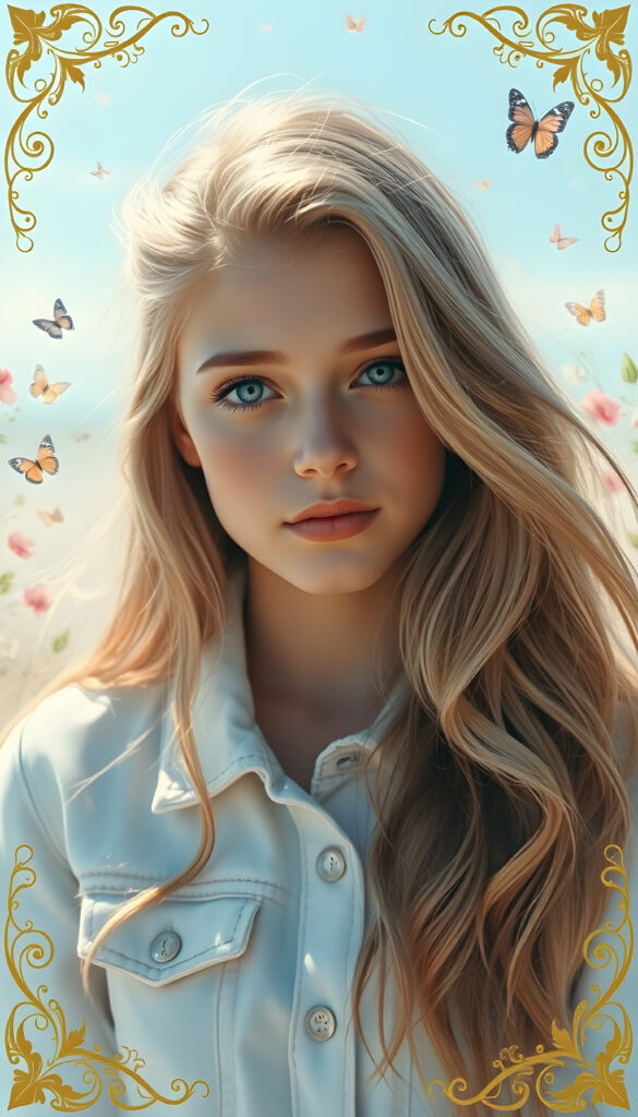 A whimsical pastel painting featuring a young woman with long, flowing light blonde hair adorned with playful brown highlights that curl at the ends. Her bright blue eyes shimmer like the morning sky, set against a backdrop of soft, ethereal colors. She wears a white denim jacket that catches the sunlight, casting a gentle glow. The composition includes a dreamy blend of pastel pinks, blues, and greens, with subtle floral motifs and butterflies, creating a serene and enchanting atmosphere. The image is framed by a delicate, golden filigree, enhancing the whimsical and enchanting theme.