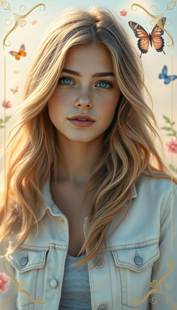 A whimsical pastel painting featuring a young woman with long, flowing light blonde hair adorned with playful brown highlights that curl at the ends. Her bright blue eyes shimmer like the morning sky, set against a backdrop of soft, ethereal colors. She wears a white denim jacket that catches the sunlight, casting a gentle glow. The composition includes a dreamy blend of pastel pinks, blues, and greens, with subtle floral motifs and butterflies, creating a serene and enchanting atmosphere. The image is framed by a delicate, golden filigree, enhancing the whimsical and enchanting theme.